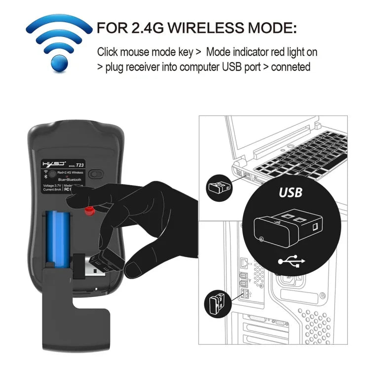 Rato Óptico Ergonómico Ajustável HXSJ T23 Bluetooth 5.0 + Bluetooth 3.0 + 2.4GHz Sem Fios Três Modos 4 Teclas 1600 DPI, T23 Preto