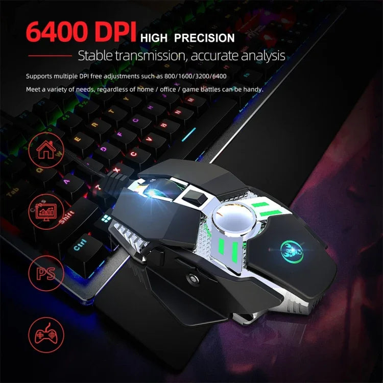 Rato Mecânico com Fios Programável para E-sports HXSJ J200 com 7 Teclas e Luz