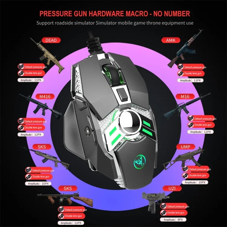 Rato Mecânico com Fios Programável para E-sports HXSJ J200 com 7 Teclas e Luz