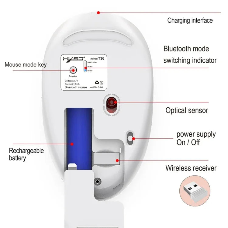HXSJ T36 2.4G Bluetooth 5.0+3.0 Three-mode Silent Design Wireless Bluetooth Mouse