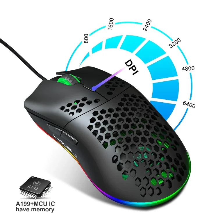 Rato Gaming Programável com Fios HXSJ J900, 6 Teclas, Iluminação RGB (Branco), J900 (Preto), J900 (Branco)