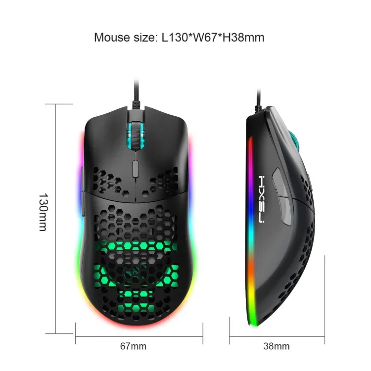 Rato Gaming Programável com Fios HXSJ J900, 6 Teclas, Iluminação RGB (Branco), J900 (Preto), J900 (Branco)