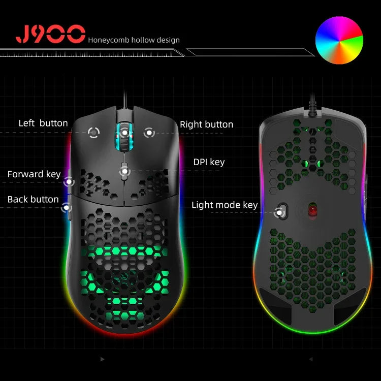Rato Gaming Programável com Fios HXSJ J900, 6 Teclas, Iluminação RGB (Branco), J900 (Preto), J900 (Branco)