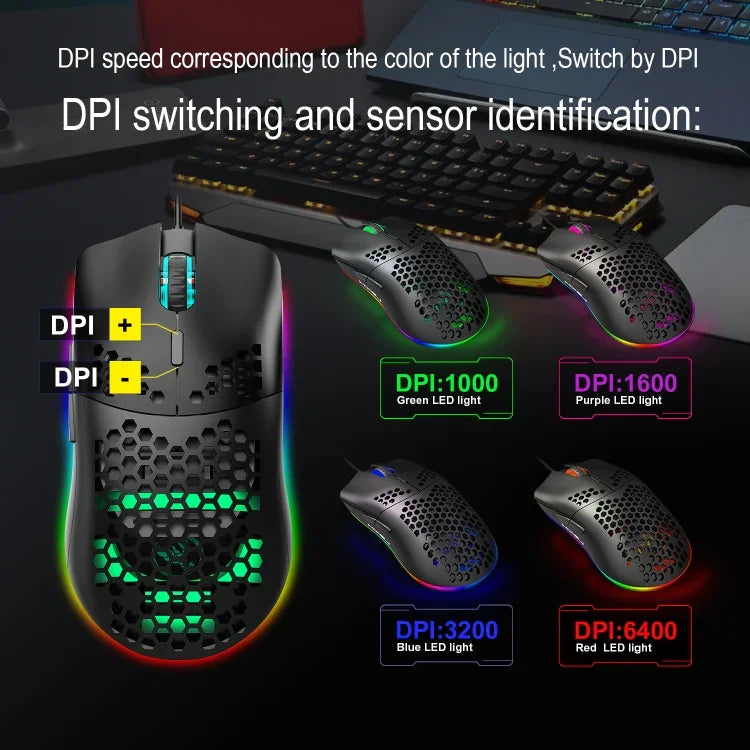Rato Gaming Programável com Fios HXSJ J900, 6 Teclas, Iluminação RGB (Branco), J900 (Preto), J900 (Branco)