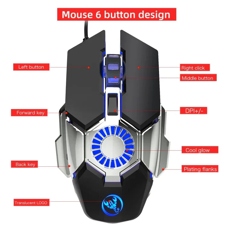 Rato Gaming com Fios Programável para E-sports HXSJ J700 com Iluminação Colorida, J700