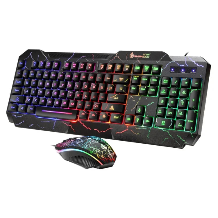 Kit Teclado Gaming com Fios SHIPADOO D620 com 104 Teclas e Retroiluminação RGB Colorida Estilhaçada para Portátil, PC