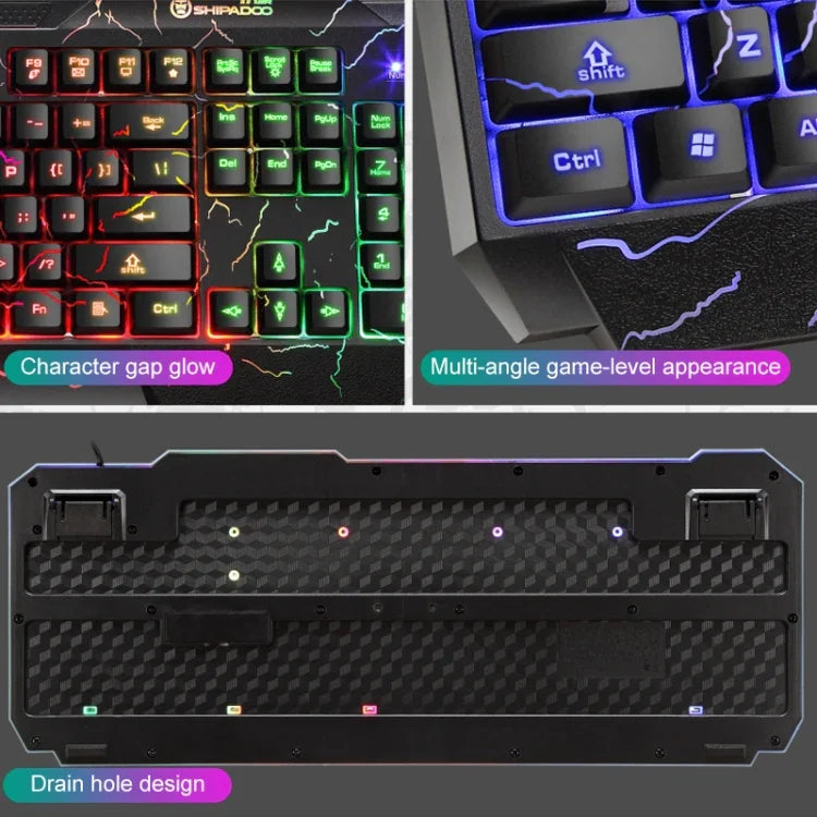 Kit Teclado Gaming com Fios SHIPADOO D620 com 104 Teclas e Retroiluminação RGB Colorida Estilhaçada para Portátil, PC