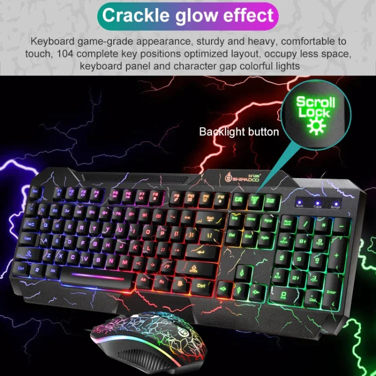 Kit Teclado Gaming com Fios SHIPADOO D620 com 104 Teclas e Retroiluminação RGB Colorida Estilhaçada para Portátil, PC