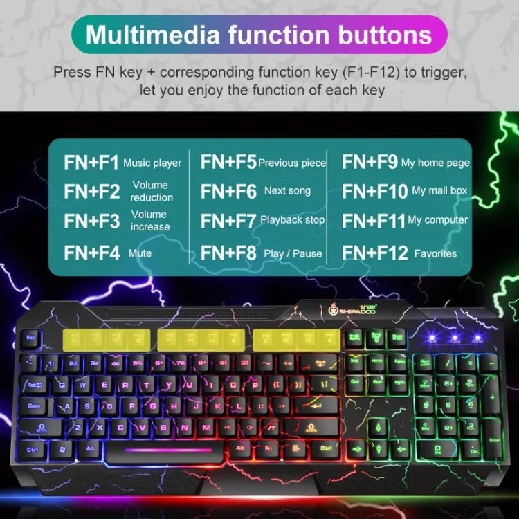 Kit Teclado Gaming com Fios SHIPADOO D620 com 104 Teclas e Retroiluminação RGB Colorida Estilhaçada para Portátil, PC