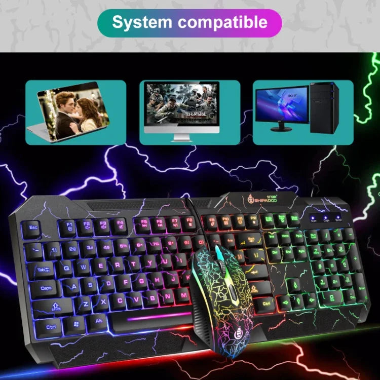 Kit Teclado Gaming com Fios SHIPADOO D620 com 104 Teclas e Retroiluminação RGB Colorida Estilhaçada para Portátil, PC