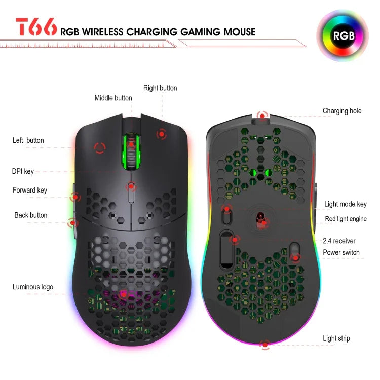 Rato Gaming Sem Fios Programável com Iluminação Colorida e 7 Teclas HXSJ T66, T66 (Branco)