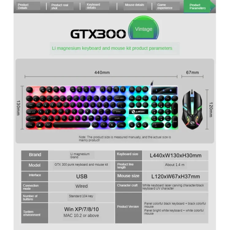 Conjunto Teclado e Rato com Fios TX300, Teclado Retroiluminado com Sensação Mecânica Punk