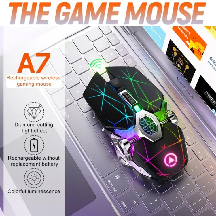 YINDIAO A7 Rato para Jogos Sem Fios Recárregavel Silencioso com Luz RGB, 2.4GHz, 1600DPI, 3 Modos Ajustáveis, 7 Teclas