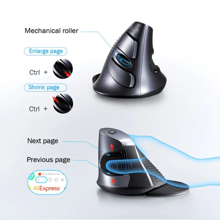 Rato Vertical Ergonómico Sem Fios DELUX M618GX, Rato Óptico 1600DPI, M618GX