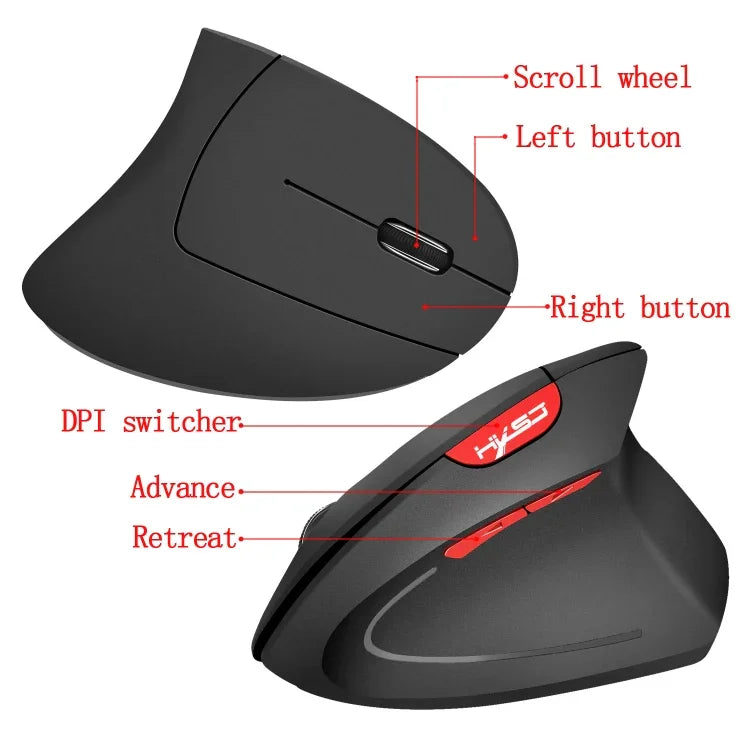 HXSJ T24 Rato Vertical Ergonómico Sem Fios 2.4G com Receptor USB, 6 Botões, 2400 DPI, T24 Preto, T24 Cinzento