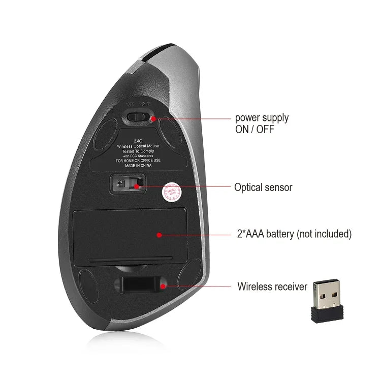HXSJ T24 Rato Vertical Ergonómico Sem Fios 2.4G com Receptor USB, 6 Botões, 2400 DPI, T24 Preto, T24 Cinzento