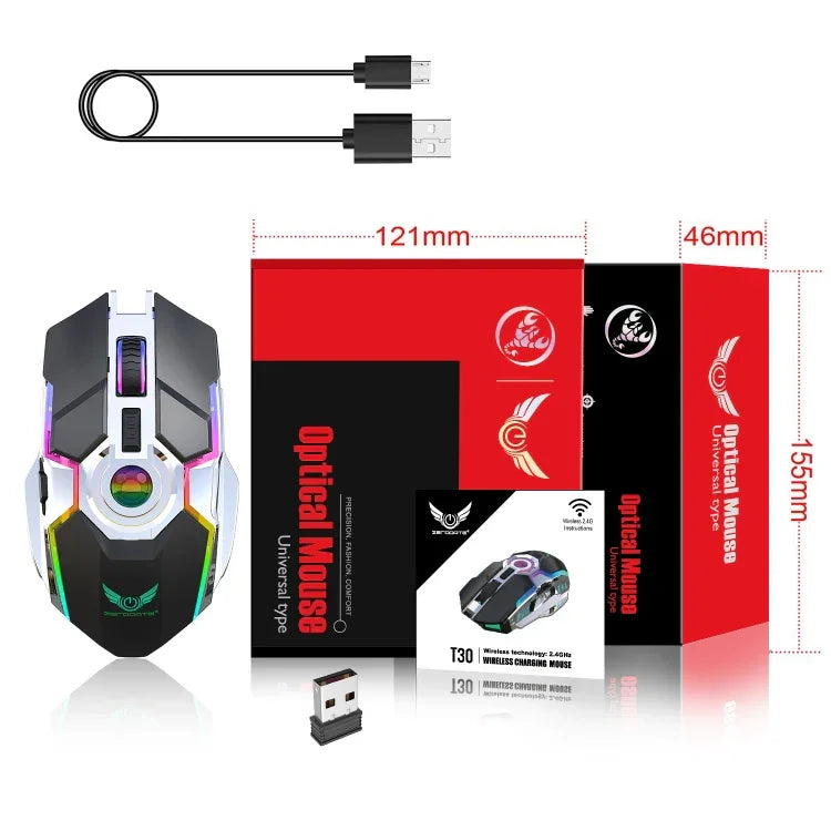 ZERODATE T30 Rato Óptico Sem Fios com Luz RGB Retroiluminada, 2.4GHz, 2400DPI, Ajustável em Três Velocidades, T30 Branco