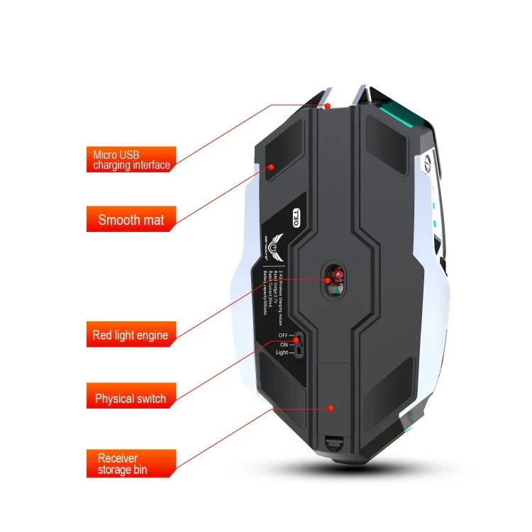 ZERODATE T30 Rato Óptico Sem Fios com Luz RGB Retroiluminada, 2.4GHz, 2400DPI, Ajustável em Três Velocidades, T30 Branco