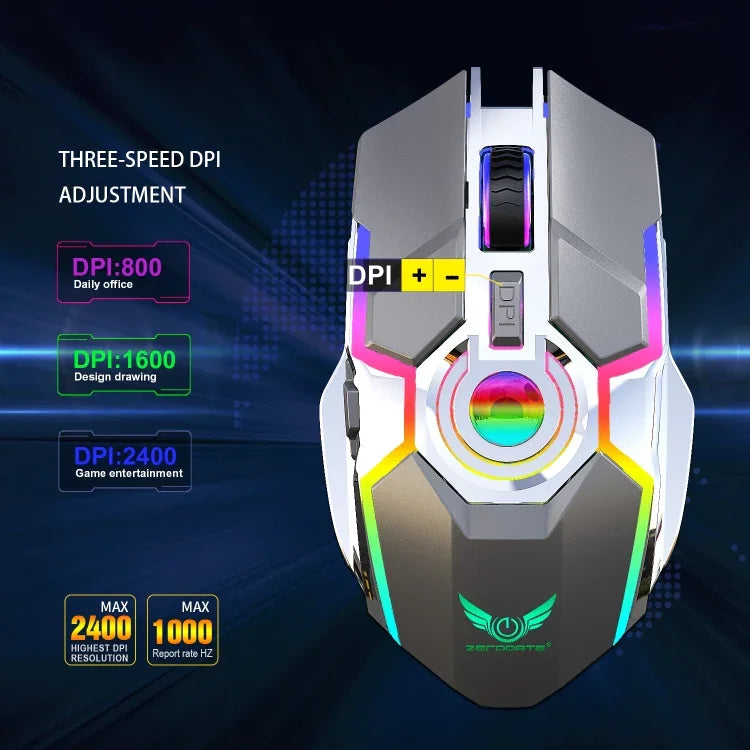 ZERODATE T30 Rato Óptico Sem Fios com Luz RGB Retroiluminada, 2.4GHz, 2400DPI, Ajustável em Três Velocidades, T30 Branco