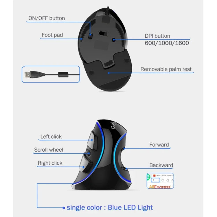 Rato Óptico com Fios DELUX M618 Plus Versão Azul, Rato Vertical Ergonómico 1600DPI, 1600DPI com Fios