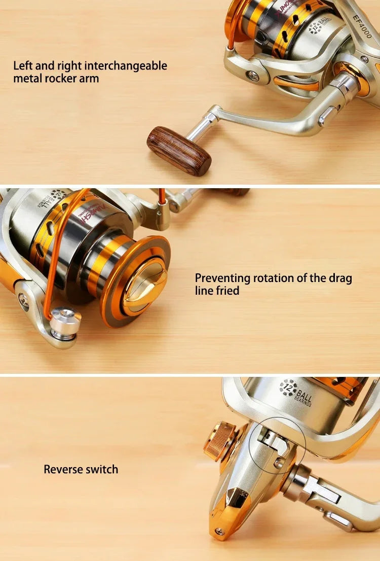 Carretel de Pesca Spinning YUMOSHI com Rolamentos de Esferas, Modelos EF1000, EF2000, EF3000, EF4000, EF5000, EF6000, EF7000, EF8000