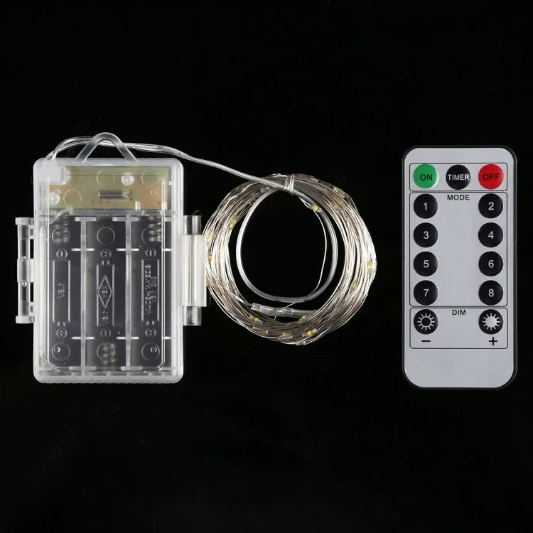 Luz Decorativa de Fadas com 50 LEDs e Caixa para 3 Pilhas AA, com Controlo Remoto, DC 5V, Luz Colorida/Controlo Remoto, Luz Branca/Controlo Remoto, Luz Branca Quente/Controlo Remoto