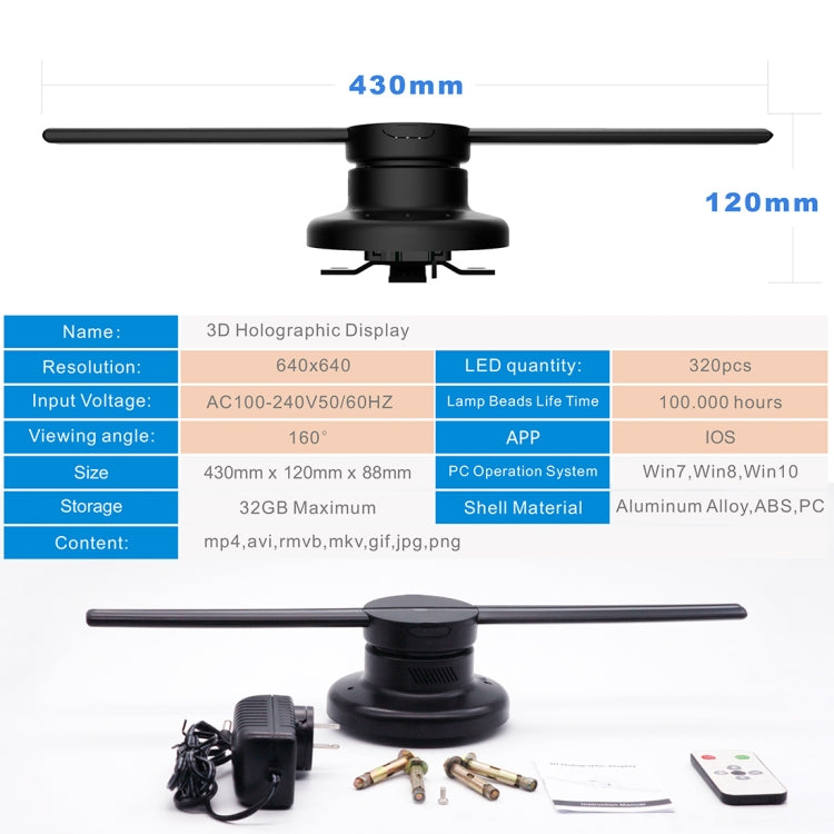 Ecrã Holográfico 3D de 42cm de Diâmetro, Controlo por App WiFi, Resolução 640 x 640 Pixels 320 LEDs Painel, Suporta Cartão Micro SD, 42cm Wifi