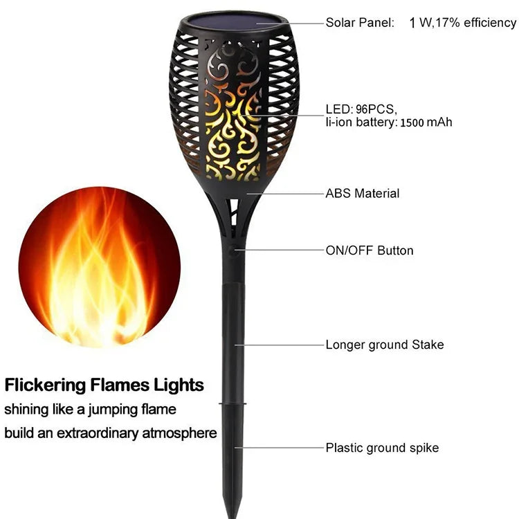 Luz Solar de Chama com 96 LEDs para Jardim Exterior, Luz de Relva, Tocha para Paisagem de Jardim