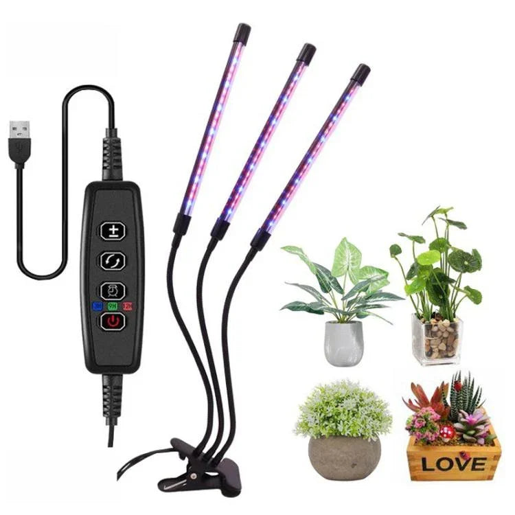 Lâmpada LED de 30W com Três Cabeças, Espectro Ajustável e Temporizador para Iluminação de Crescimento de Plantas, Plug USB DC 5V, 30W