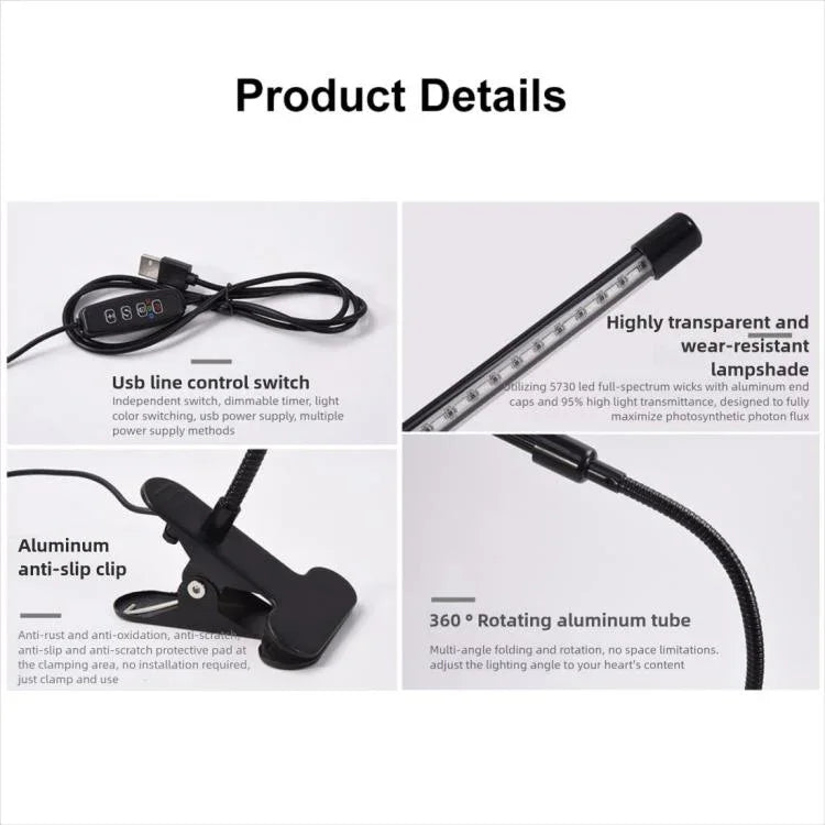 Lâmpada LED de 30W com Três Cabeças, Espectro Ajustável e Temporizador para Iluminação de Crescimento de Plantas, Plug USB DC 5V, 30W