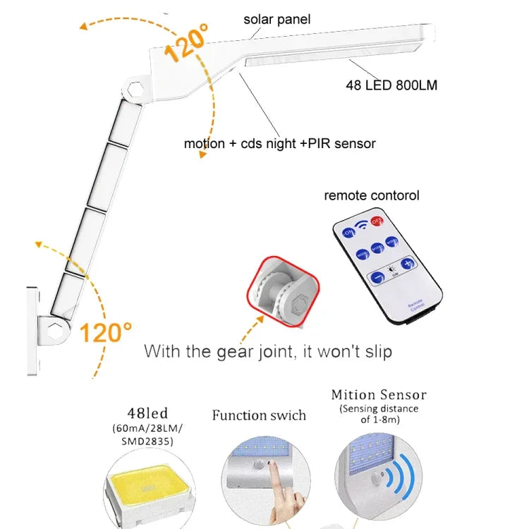 Lâmpada Plana Solar 6W 800LM 48 LEDs com Controlo Remoto e Suporte