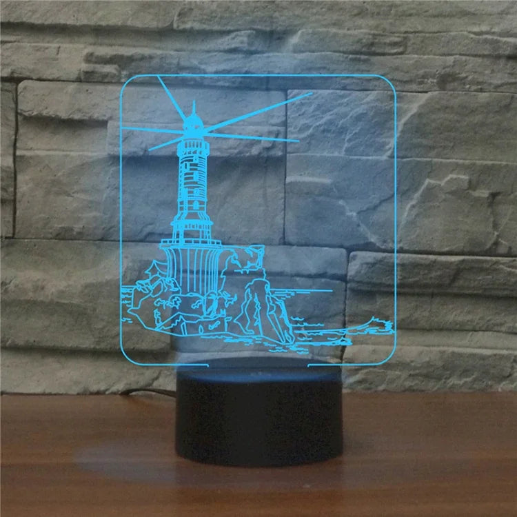 Lâmpada de Mesa LED 3D Colorida em Forma de Farol, Versão com Controlo Remoto de 16 Cores, Versão com Controlo Remoto de 16 Cores