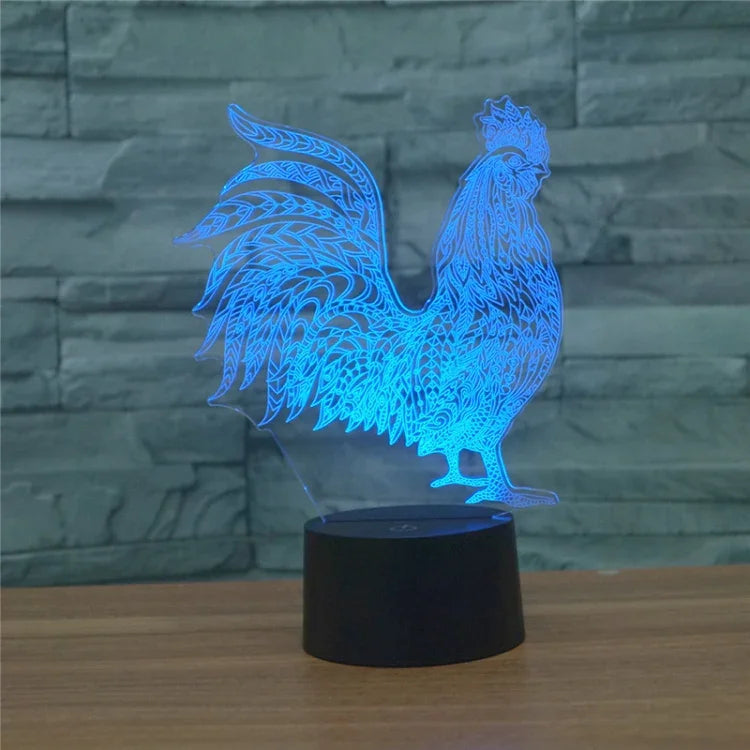 Lâmpada de Mesa LED 3D Colorida em Forma de Galo, Versão com Controlo Remoto de 16 Cores, Versão com Controlo Remoto de 16 Cores