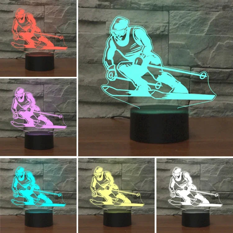 Lâmpada de Mesa LED 3D Colorida em Forma de Esquiador, Versão USB e Bateria, Versão USB e Bateria