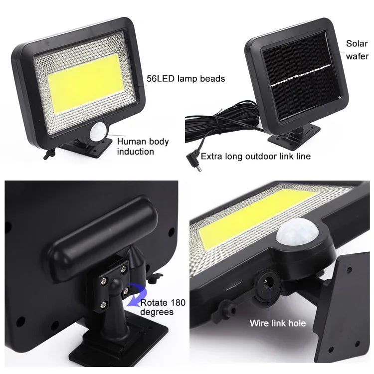 Luz de Parede Solar COB com Indução Corporal Separada, Luz de Jardim Impermeável para Exterior, Iluminação de Rua, 100 COB