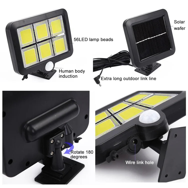 Luz Solar de Parede com Seis Grades, Indução Separada por Corpo Humano, Luz de Jardim à Prova de Água para Exterior, Luz de Rua, 120 COB