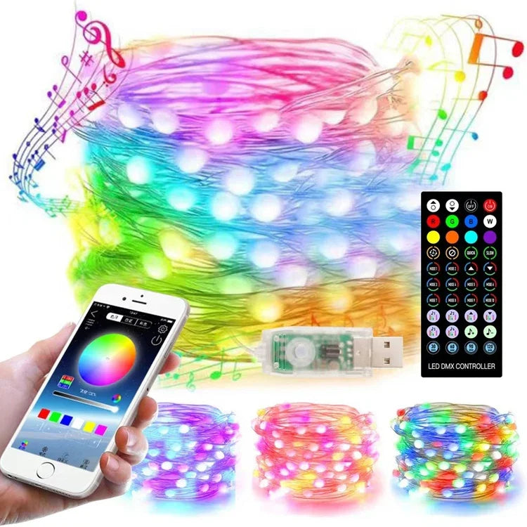 Decoração de Natal Luz de Fios de Cobre USB com Controlo Remoto e APP Bluetooth para Telemóvel, Comprimento: 20m 200 LEDs, Controlo Remoto e APP, Comprimento: 20m 200 LEDs
