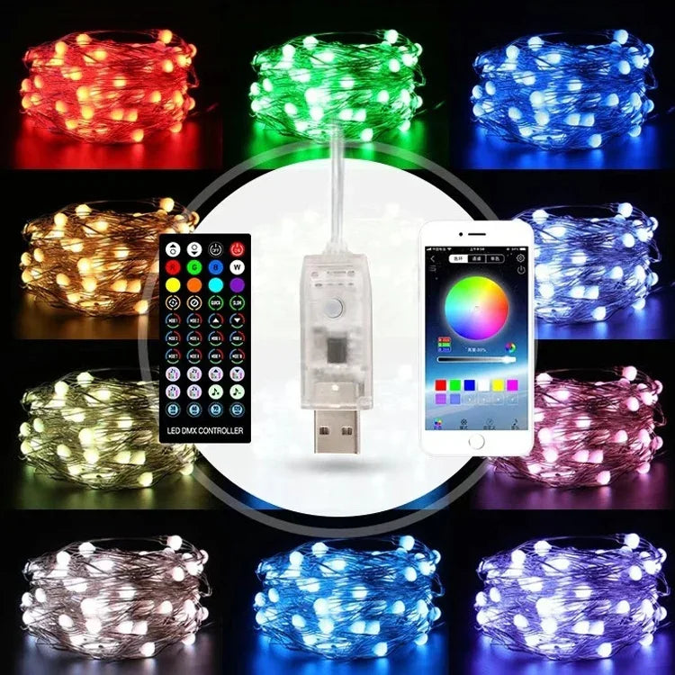Decoração de Natal Luz de Fios de Cobre USB com Controlo Remoto e APP Bluetooth para Telemóvel, Comprimento: 20m 200 LEDs, Controlo Remoto e APP, Comprimento: 20m 200 LEDs