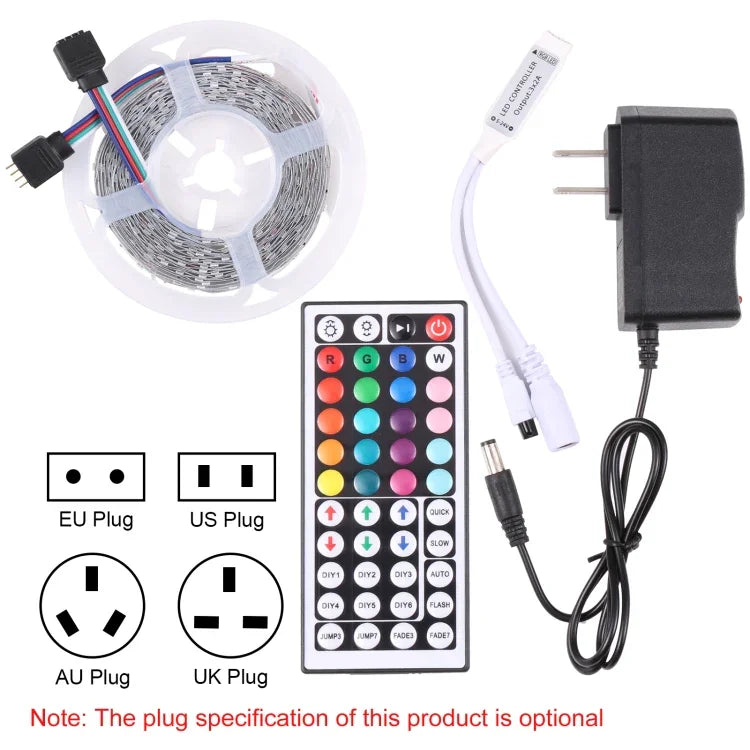 Luz de Corda LED RGB 2835 SMD, 60 LEDs/m, Comprimento: 5m, 12V 2A 100-240V, com Controlo Remoto de 44 Teclas, LED RGB 2835 SMD, 5m, com Controlo Remoto de 44 Teclas