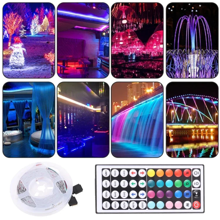 Luz de Corda LED RGB 2835 SMD, 60 LEDs/m, Comprimento: 5m, 12V 2A 100-240V, com Controlo Remoto de 44 Teclas, LED RGB 2835 SMD, 5m, com Controlo Remoto de 44 Teclas