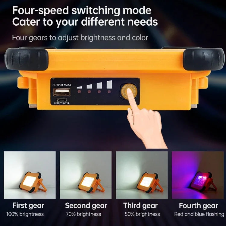 Luz Portátil Solar para Campismo 50W 32 LEDs, Luz Magnética de Emergência com Quatro Níveis de Brilho, Power Bank e Indicador de Bateria