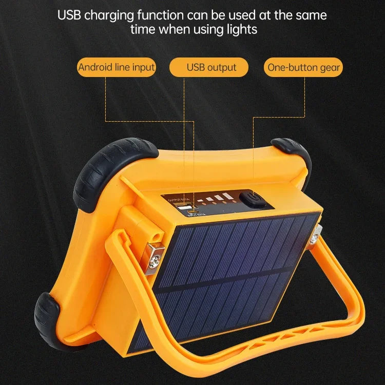 Luz Portátil Solar para Campismo 50W 32 LEDs, Luz Magnética de Emergência com Quatro Níveis de Brilho, Power Bank e Indicador de Bateria