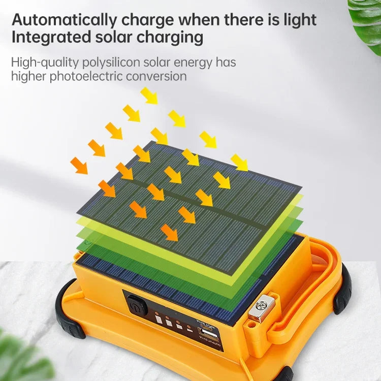 Luz Portátil Solar para Campismo 50W 32 LEDs, Luz Magnética de Emergência com Quatro Níveis de Brilho, Power Bank e Indicador de Bateria