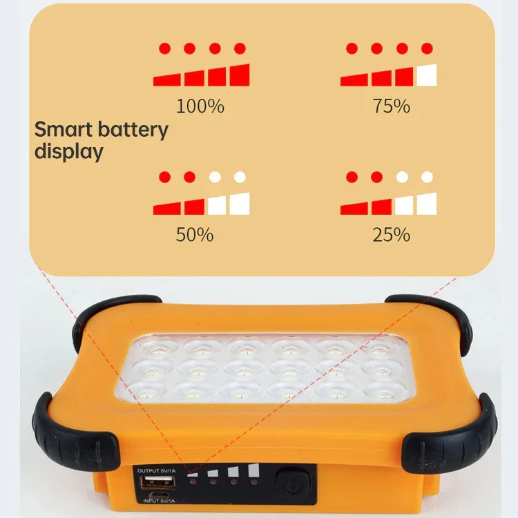 Luz Portátil Solar para Campismo 50W 32 LEDs, Luz Magnética de Emergência com Quatro Níveis de Brilho, Power Bank e Indicador de Bateria