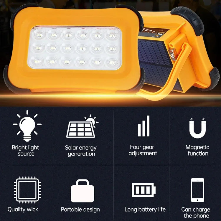 Luz Portátil Solar para Campismo 50W 32 LEDs, Luz Magnética de Emergência com Quatro Níveis de Brilho, Power Bank e Indicador de Bateria