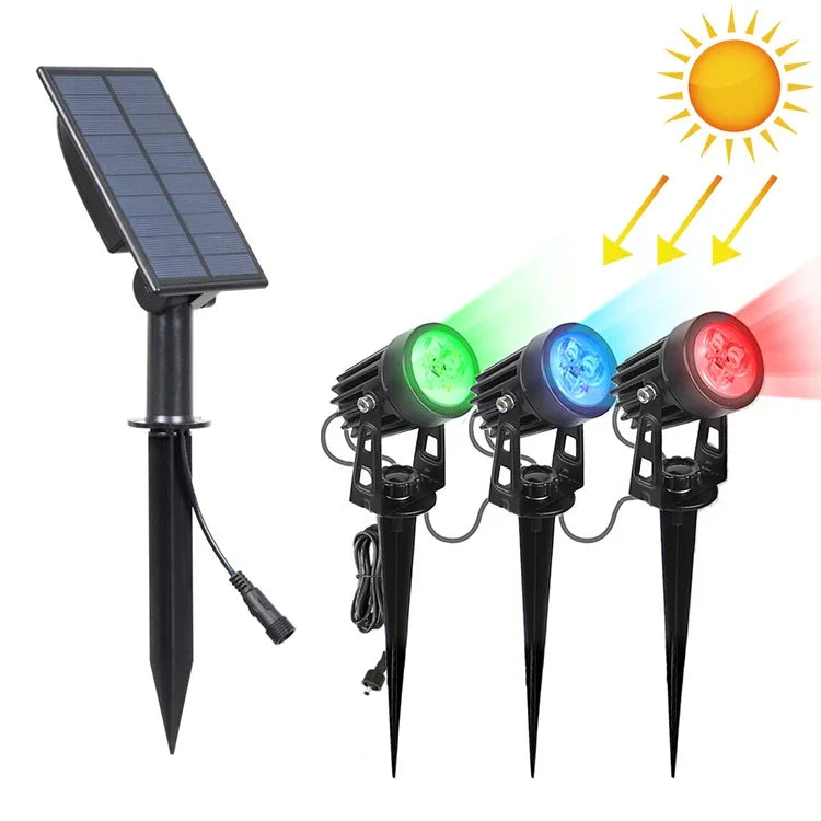 Foco Solar 3W Um para Três para Exterior, IP65 Impermeável, Lâmpada de Relva com Indução por Controlo de Luz, Fluxo Luminoso: 300-400lm (Fixação Cíclica RGB), Um para Três
