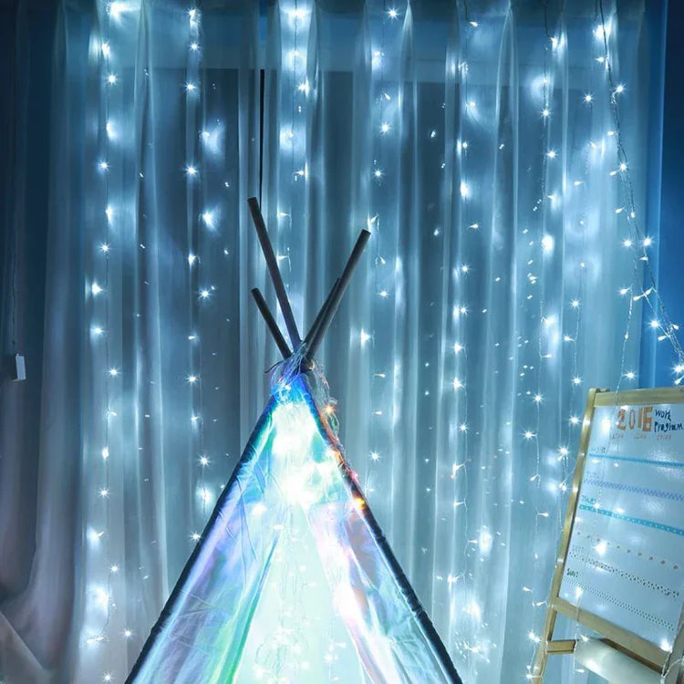 Cortina de Luz com 300 LEDs, Junta Final e Controlador Multifuncional com Memória, Impermeável, Ficha US, AC 110V, Luz Branca Ficha US, Luz Branca Quente Ficha US