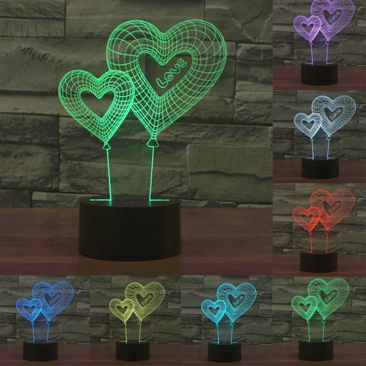 Lâmpada de Secretária Estéreo Visual Criativa com Descoloração de 7 Cores, Luz Noturna, Estilo Balão de Coração Duplo