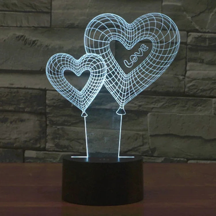 Lâmpada de Secretária Estéreo Visual Criativa com Descoloração de 7 Cores, Luz Noturna, Estilo Balão de Coração Duplo