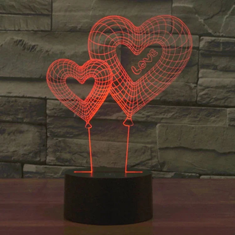 Lâmpada de Secretária Estéreo Visual Criativa com Descoloração de 7 Cores, Luz Noturna, Estilo Balão de Coração Duplo